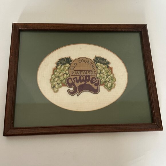 Vintage Framed Grape Vineyard Cross-Stitch Art - Picture 1 of 7